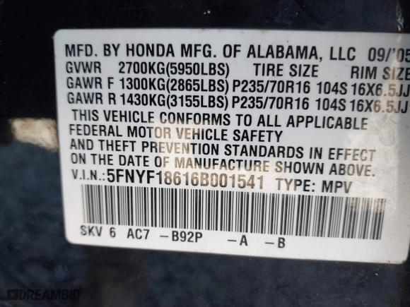 2006 Honda Pilot EX-L with RES with VIN 5FNYF18616B001541, listed as a IAAI auction lot 41894731 with 207,364 mi miles. Bid and sale history available at carsss.com. Image 9.