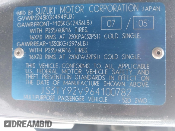 2006 Suzuki XL7 with VIN JS3TY92V964100782, listed as a IAAI auction lot 42678396 with 218,621 mi miles and . Bid and sale history available at DreamBid. Image 9.