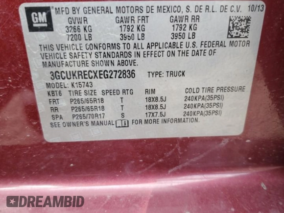 2014 Chevrolet Silverado 1500 LT with VIN 3GCUKRECXEG272836, listed as a Copart auction lot 47169515 with Not Provided miles and Non Repairable. Bid and sale history available at DreamBid. Image 12.
