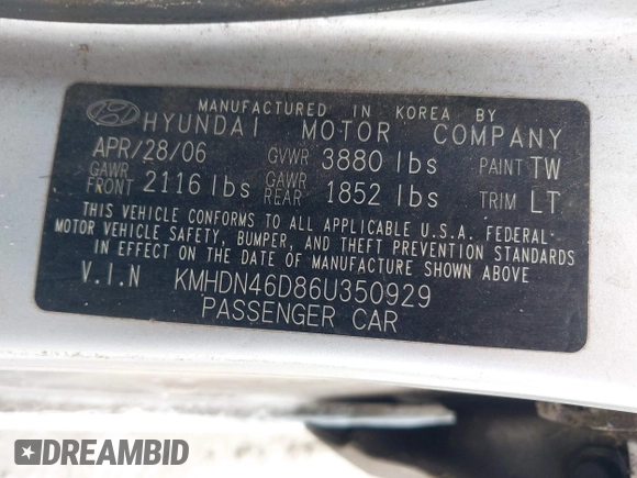2006 Hyundai Elantra GLS z VIN KMHDN46D86U350929, wystawiony jako IAAI lot #42474563 z przebiegiem 163 335 mil mil oraz . Historia ofert i sprzedaży dostępna na DreamBid. Obrazek 9.