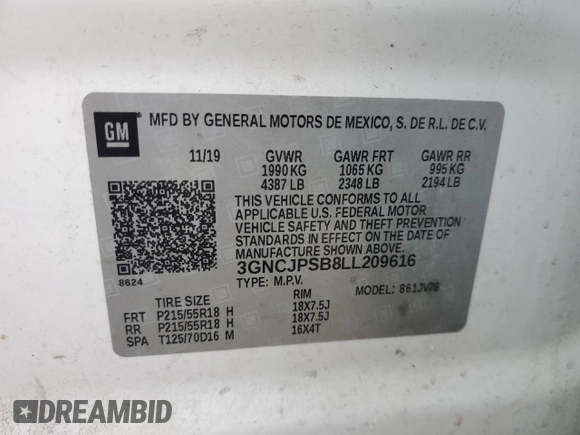 2020 Chevrolet Trax LT with VIN 3GNCJPSB8LL209616, listed as a Copart auction lot 54058425 with 121,011 mi miles and Clean Title. Bid and sale history available at carsss.com. Image 13.