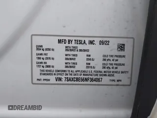 2022 Tesla Model X with VIN 7SAXCBE56NF364067, listed as a IAAI auction lot 40947378 with Not Provided miles and . Bid and sale history available at DreamBid. Image 9.