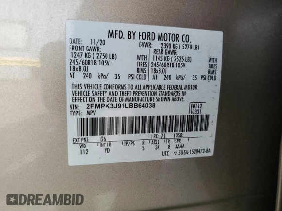 2020 Ford Edge SEL z VIN 2FMPK3J91LBB64038, wystawiony jako Copart lot #56422515 z przebiegiem 47 219 mil mil oraz Szkoda całkowita • Salvage title. Historia ofert i sprzedaży dostępna na DreamBid. Obrazek 13.