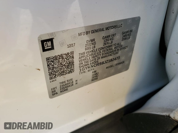 2018 Cadillac XT5 Luxury FWD with VIN 1GYKNCRS8JZ182473, listed as a Copart auction lot 60338405 with 76,595 mi miles and Salvage title. Bid and sale history available at DreamBid. Image 12.