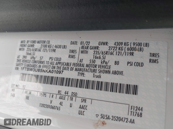 2022 Ford Transit Cargo with VIN 1FTBW3U85NKA01097, listed as a IAAI auction lot 41076643 with 24,786 mi miles and . Bid and sale history available at DreamBid. Image 9.