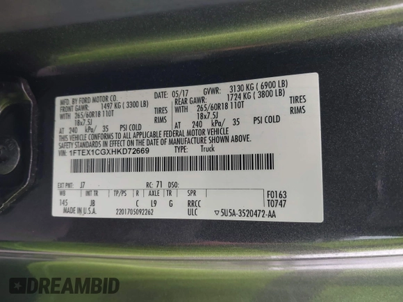 2017 Ford F-150 XL with VIN 1FTEX1CGXHKD72669, listed as a IAAI auction lot 42397837 with 90,117 mi miles and . Bid and sale history available at DreamBid. Image 9.