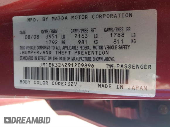 2009 Mazda 3 S Touring with VIN JM1BK324291209896, listed as a IAAI auction lot 41221261 with 236,325 mi miles and . Bid and sale history available at DreamBid. Image 9.