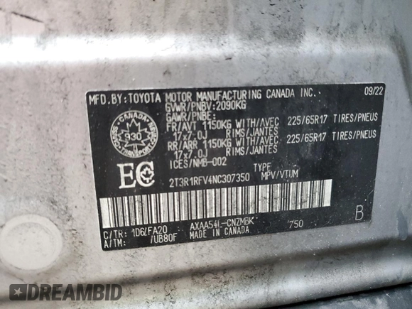 2022 Toyota RAV4 XLE with VIN 2T3R1RFV4NC307350, listed as a Copart auction lot 60890015 with 40,856 mi miles and Salvage title. Bid and sale history available at DreamBid. Image 14.