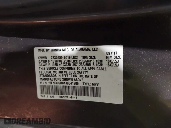 2018 Honda Odyssey Touring with VIN 5FNRL6H84JB041309, listed as a IAAI auction lot 42272247 with 90,371 mi miles and . Bid and sale history available at DreamBid. Image 9.