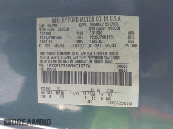 1998 Ford F-150 with VIN 1FTZF1723WNC12776, listed as a IAAI auction lot 41599872 with 125,007 mi miles and . Bid and sale history available at DreamBid. Image 9.