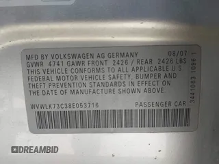 2008 Volkswagen Passat Komfort z VIN WVWLK73C38E053716, wystawiony jako IAAI lot #42176595 z przebiegiem 134 738 mil mil oraz . Historia ofert i sprzedaży dostępna na DreamBid. Obrazek 9.