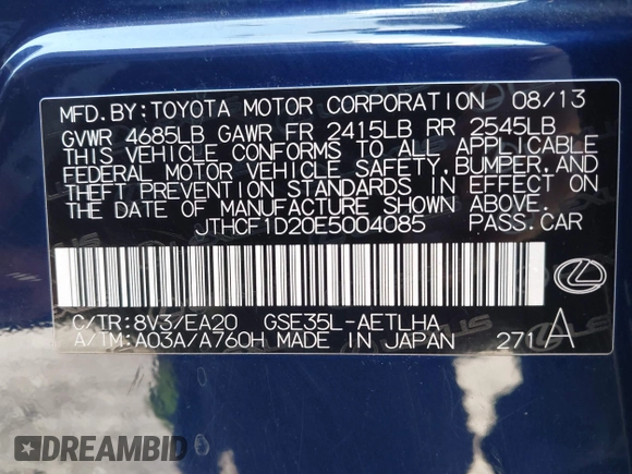 2014 Lexus IS 250 с VIN JTHCF1D20E5004085, выставлен на аукционе IAAI как лот 42244905 с пробегом 142 309 миль миль и . История ставок и продаж доступна на DreamBid. Изображение 9.