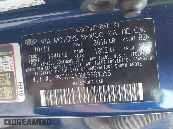 2020 Kia Rio LX with VIN 3KPA24AD0LE284555, listed as a IAAI auction lot 40515826 with 113,296 mi miles and . Bid and sale history available at DreamBid. Image 9.