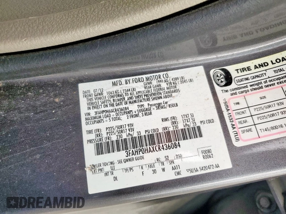 2012 Ford Fusion SE z VIN 3FAHP0HAXCR436084, wystawiony jako Copart lot #57390385 z przebiegiem 88 645 mil mil oraz Szkoda całkowita • Salvage title. Historia ofert i sprzedaży dostępna na DreamBid. Obrazek 12.