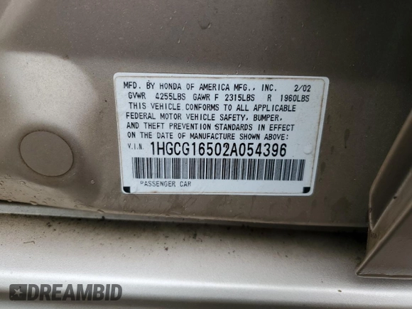 2002 Honda Accord EX z VIN 1HGCG16502A054396, wystawiony jako Copart lot #57170895 z przebiegiem 62 744 mil mil oraz Szkoda całkowita • Salvage title. Historia ofert i sprzedaży dostępna na DreamBid. Obrazek 12.