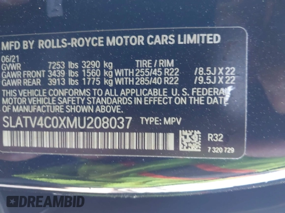 2021 Rolls-Royce Cullinan z VIN SLATV4C0XMU208037, wystawiony jako IAAI lot #41402539 z przebiegiem 27 057 mil mil oraz . Historia ofert i sprzedaży dostępna na DreamBid. Obrazek 9.