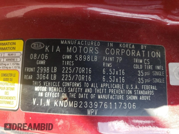 2007 Kia Sedona EX with VIN KNDMB233976117306, listed as a Copart auction lot 71989024 with 234,352 mi miles and Salvage Title. Bid and sale history available at carsss.com. Image 13.