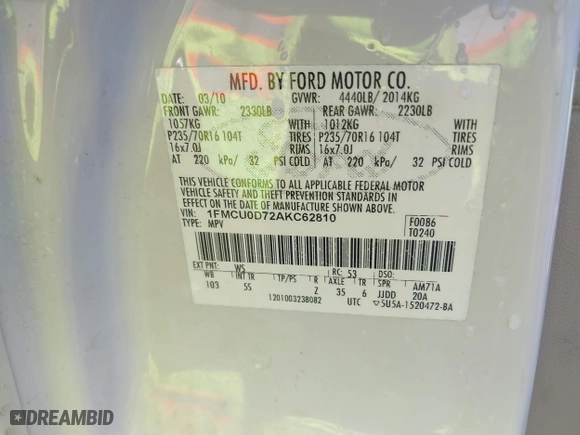 2010 Ford Escape XLT with VIN 1FMCU0D72AKC62810, listed as a IAAI auction lot 41343848 with 227,622 mi miles. Bid and sale history available at carsss.com. Image 9.