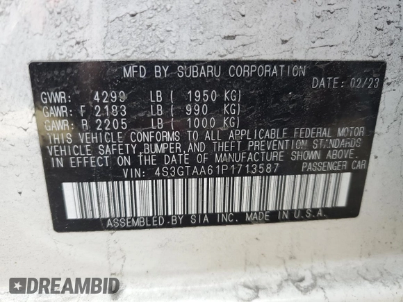 2023 Subaru Impreza with VIN 4S3GTAA61P1713587, listed as a Copart auction lot 85115344 with 15,337 mi miles and Salvage title. Bid and sale history available at DreamBid. Image 12.