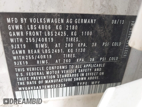 2014 Volkswagen Tiguan SEL with VIN WVGAV3AX7EW022239, listed as a IAAI auction lot 42381670 with 180,729 mi miles and . Bid and sale history available at DreamBid. Image 9.