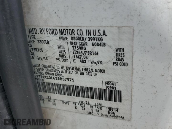 2003 Ford F-250 XL with VIN 1FTNX20L63EB37975, listed as a Copart auction lot 65723935 with 157,377 mi miles and Salvage title. Bid and sale history available at DreamBid. Image 12.