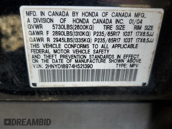 2004 Acura MDX Touring с VIN 2HNYD18974H521390, выставлен на аукционе Copart как лот 55932255 с пробегом 188 010 миль миль и Списание • Salvage title. История ставок и продаж доступна на DreamBid. Изображение 13.