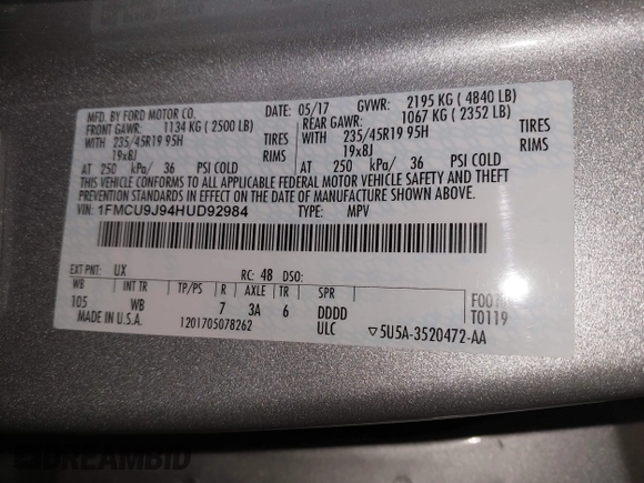 2017 Ford Escape Titanium with VIN 1FMCU9J94HUD92984, listed as a IAAI auction lot 41708720 with 176,550 mi miles. Bid and sale history available at carsss.com. Image 9.