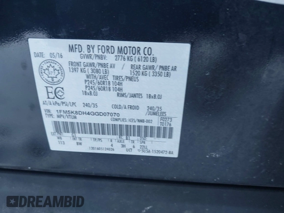 2016 Ford Explorer XLT with VIN 1FM5K8DH4GGD07070, listed as a IAAI auction lot 41523004 with 119,520 mi miles and . Bid and sale history available at DreamBid. Image 9.