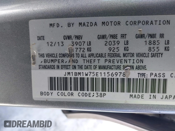 2014 Mazda 3 i Grand Touring with VIN JM1BM1W75E1156978, listed as a IAAI auction lot 41601276 with 164,976 mi miles and . Bid and sale history available at carsss.com. Image 9.