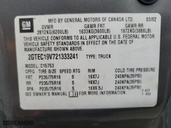 2002 GMC Sierra 1500 SLE with VIN 2GTEC19V721333241, listed as a Copart auction lot 86491514 with 0 mi miles and Salvage Title. Bid and sale history available at carsss.com. Image 13.