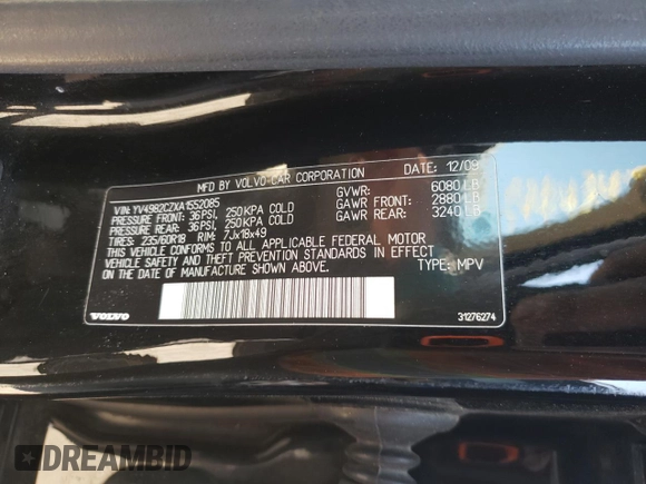 2010 Volvo XC90 I6 with VIN YV4982CZXA1552085, listed as a Copart auction lot 54414345 with 193,807 mi miles and Clean Title. Bid and sale history available at DreamBid. Image 13.