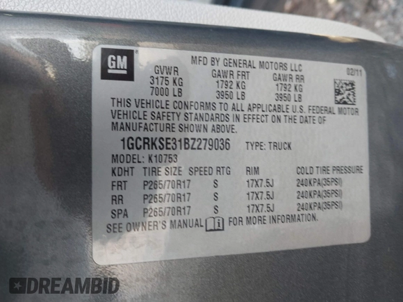 2011 Chevrolet Silverado 1500 LT with VIN 1GCRKSE31BZ279036, listed as a IAAI auction lot 41597291 with 293,576 mi miles and . Bid and sale history available at DreamBid. Image 9.
