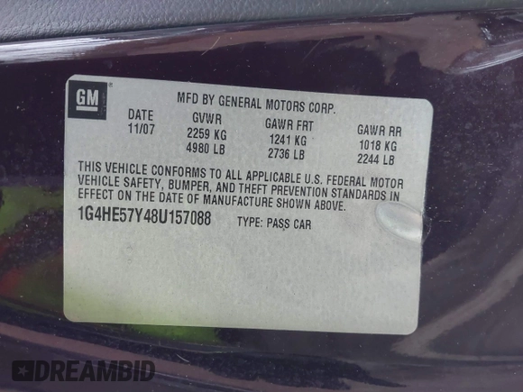 2008 Buick Lucerne CXS with VIN 1G4HE57Y48U157088, listed as a IAAI auction lot 41203181 with 114,590 mi miles and . Bid and sale history available at DreamBid. Image 9.
