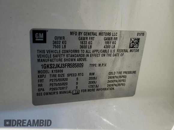 2015 GMC Yukon XL Denali with VIN 1GKS2JKJ3FR585809, listed as a Copart auction lot 48219925 with 191,102 mi miles and Salvage Title. Bid and sale history available at DreamBid. Image 13.