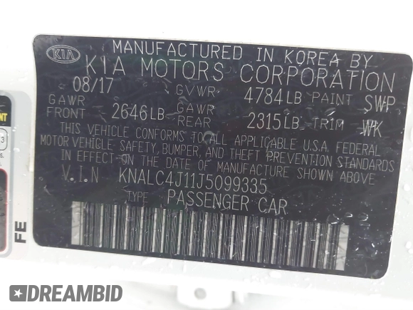 2018 Kia Cadenza Limited with VIN KNALC4J11J5099335, listed as a IAAI auction lot 41217994 with 55,335 mi miles. Bid and sale history available at carsss.com. Image 9.