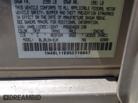 2005 Nissan Altima SE with VIN 1N4BL11E95C116647, listed as a IAAI auction lot 42442014 with 155,302 mi miles and . Bid and sale history available at DreamBid. Image 9.
