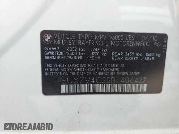 2011 BMW X5 35i with VIN 5UXZV4C55BL406427, listed as a Copart auction lot 50256895 with 155,662 mi miles and Salvage Title. Bid and sale history available at carsss.com. Image 13.
