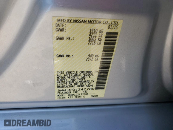 2015 Nissan Altima SV z VIN 1N4AL3AP5FC247780, wystawiony jako Copart lot #60120045 z przebiegiem 135 370 mil mil oraz Szkoda całkowita • Salvage title. Historia ofert i sprzedaży dostępna na DreamBid. Obrazek 12.