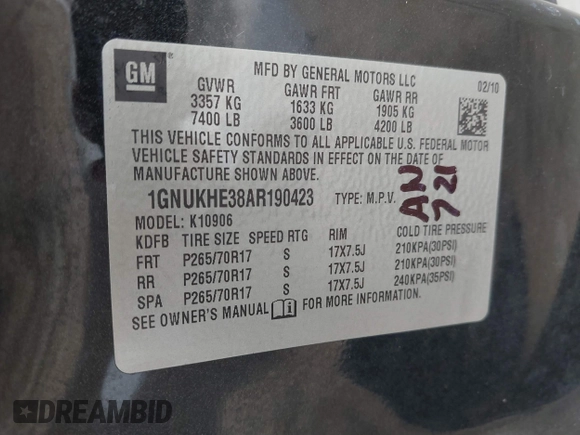 2010 Chevrolet Suburban LS with VIN 1GNUKHE38AR190423, listed as a IAAI auction lot 41655080 with 215,187 mi miles and . Bid and sale history available at DreamBid. Image 9.