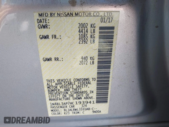 2017 Nissan Altima SR with VIN 1N4BL3AP7HC193941, listed as a IAAI auction lot 42497050 with 96,864 mi miles and . Bid and sale history available at DreamBid. Image 9.