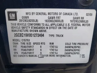 2005 Chevrolet Silverado 1500 LS with VIN 2GCEC19V951272494, listed as a IAAI auction lot 42058943 with 157,126 mi miles and . Bid and sale history available at DreamBid. Image 9.