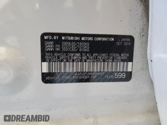 2017 Mitsubishi Lancer ES with VIN JA32U2FU9HU004487, listed as a Copart auction lot 69667144 with 158,948 mi miles and Salvage Title. Bid and sale history available at DreamBid. Image 12.