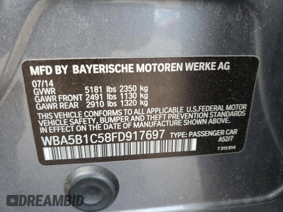 2015 BMW 5 Series 535i with VIN WBA5B1C58FD917697, listed as a Copart auction lot 52963585 with 66,058 mi miles and Salvage Title. Bid and sale history available at carsss.com. Image 12.