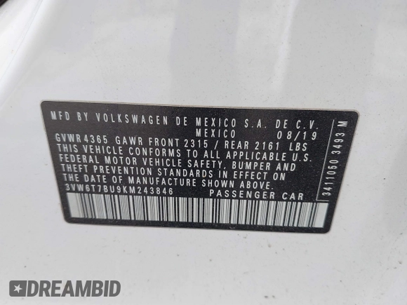 2019 Volkswagen Jetta GLI S with VIN 3VW6T7BU9KM243846, listed as a IAAI auction lot 41864914 with 81,088 mi miles and . Bid and sale history available at DreamBid. Image 9.