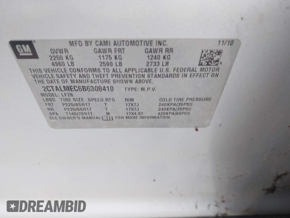 2011 GMC Terrain SLE-1 with VIN 2CTALMEC6B6308410, listed as a IAAI auction lot 42710621 with 153,208 mi miles and . Bid and sale history available at DreamBid. Image 9.