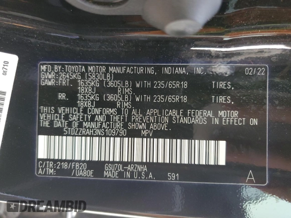 2022 Toyota Highlander LE z VIN 5TDZZRAH3NS109790, wystawiony jako Copart lot #49627715 z przebiegiem 33 113 mil mil oraz Szkoda całkowita • Salvage title. Historia ofert i sprzedaży dostępna na DreamBid. Obrazek 16.