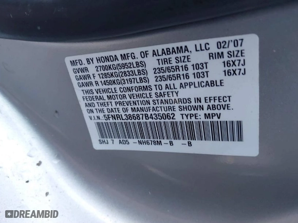 2007 Honda Odyssey EX-L with VIN 5FNRL38687B435062, listed as a IAAI auction lot 41580230 with 93,838 mi miles. Bid and sale history available at carsss.com. Image 9.