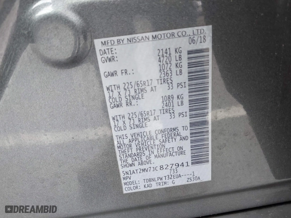 2018 Nissan Rogue S with VIN 5N1AT2MV7JC827941, listed as a IAAI auction lot 41837293 with 88,605 mi miles. Bid and sale history available at carsss.com. Image 9.