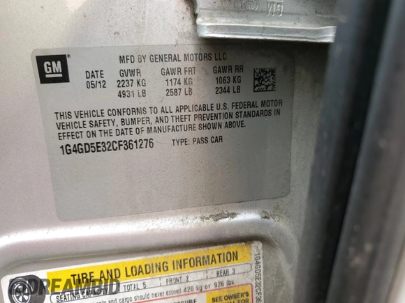 2012 Buick LaCrosse Premium 1 with VIN 1G4GD5E32CF361276, listed as a Copart auction lot 60895755 with 220,501 mi miles and Non repairable. Bid and sale history available at DreamBid. Image 12.
