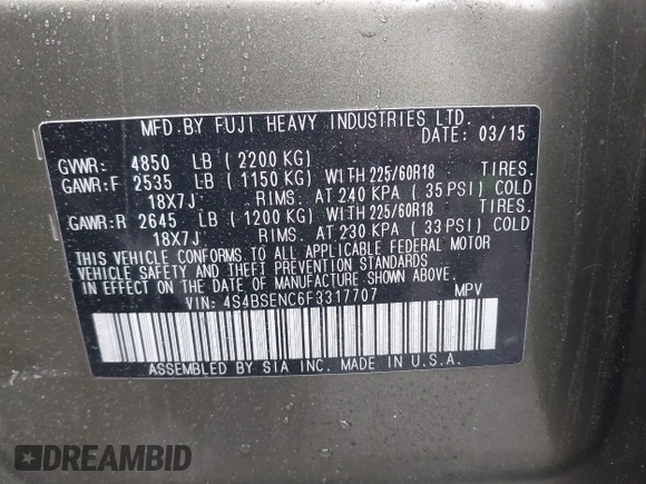 2015 Subaru Outback Limited with VIN 4S4BSENC6F3317707, listed as a IAAI auction lot 42514466 with 108,099 mi miles and . Bid and sale history available at DreamBid. Image 9.